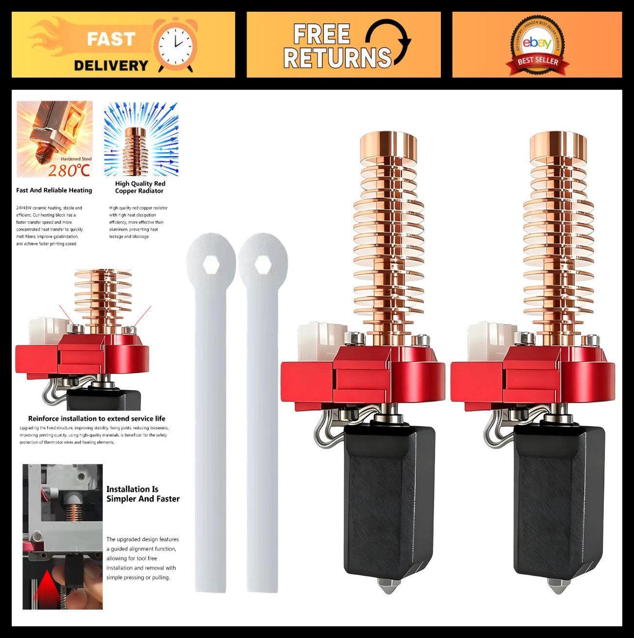 2PCS Upgraded 0.4MM Ceramic Hotend Kit for 3D Printers, Heatsink & Nozzle Includ