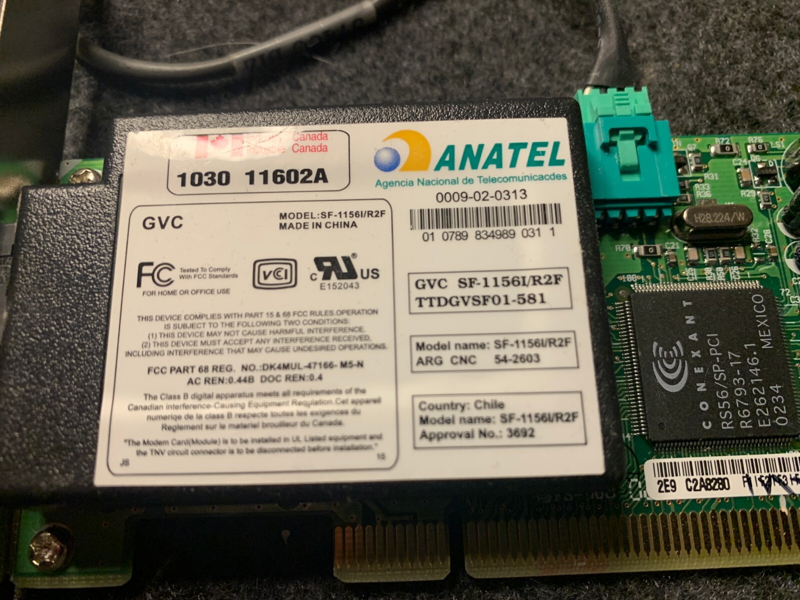 Anatel Dell 8F217 GVC SF-1156/R2F Internal 56K PCI Modem w/ cable