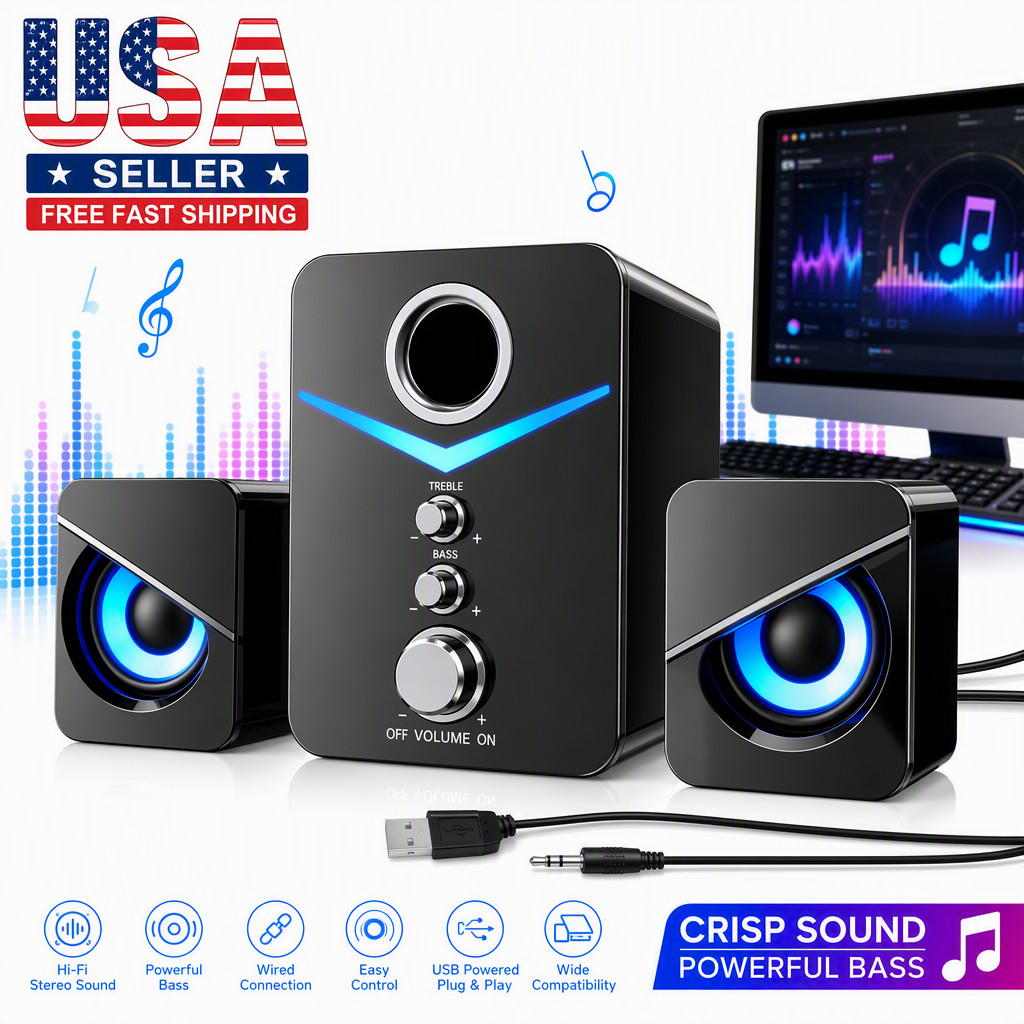 USB Computer Speakers System Stereo Bass Subwoofer LED for Desktop Laptop PC US