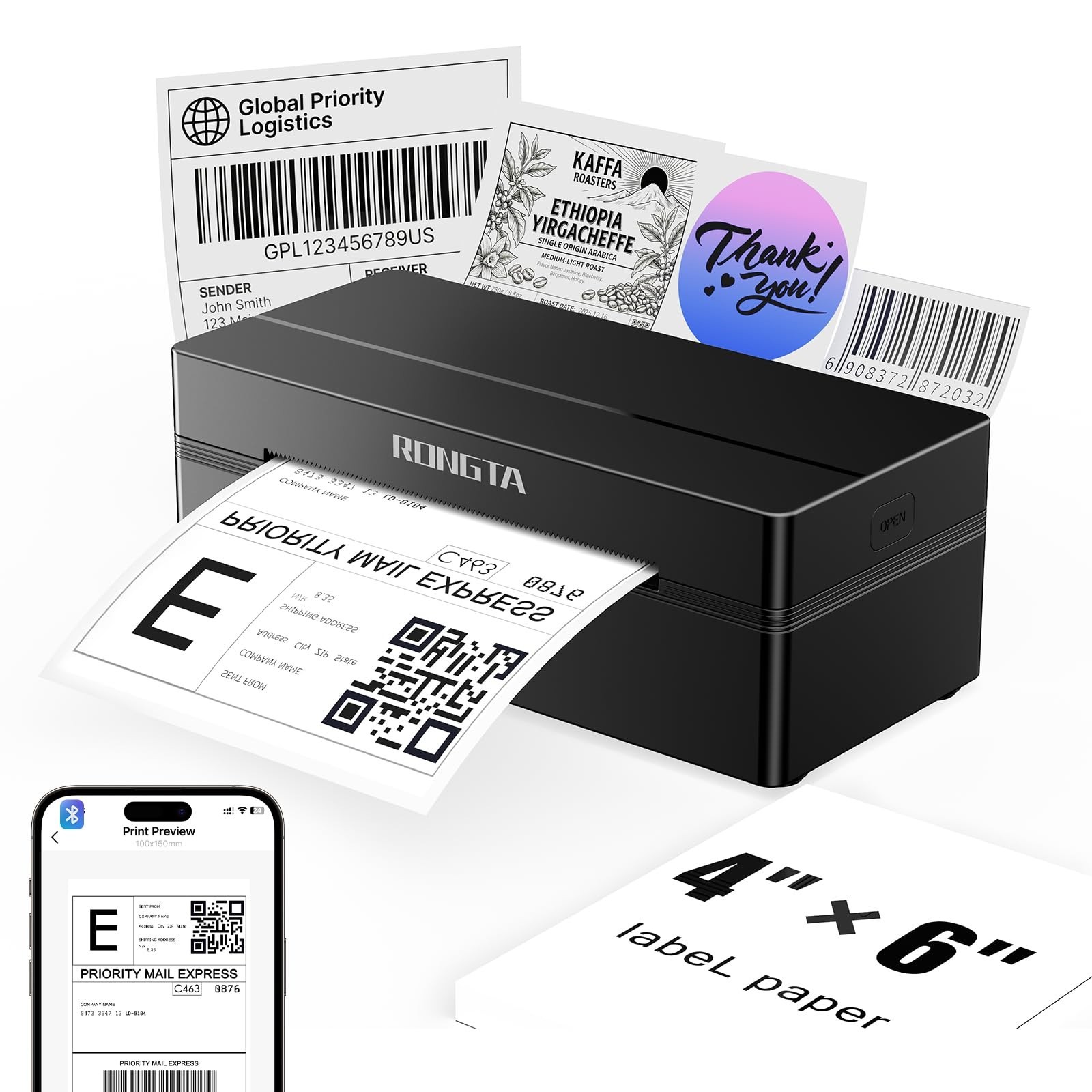 Wireless 4x6 Bluetooth Thermal Shipping Label Printer for Small Business, Compat