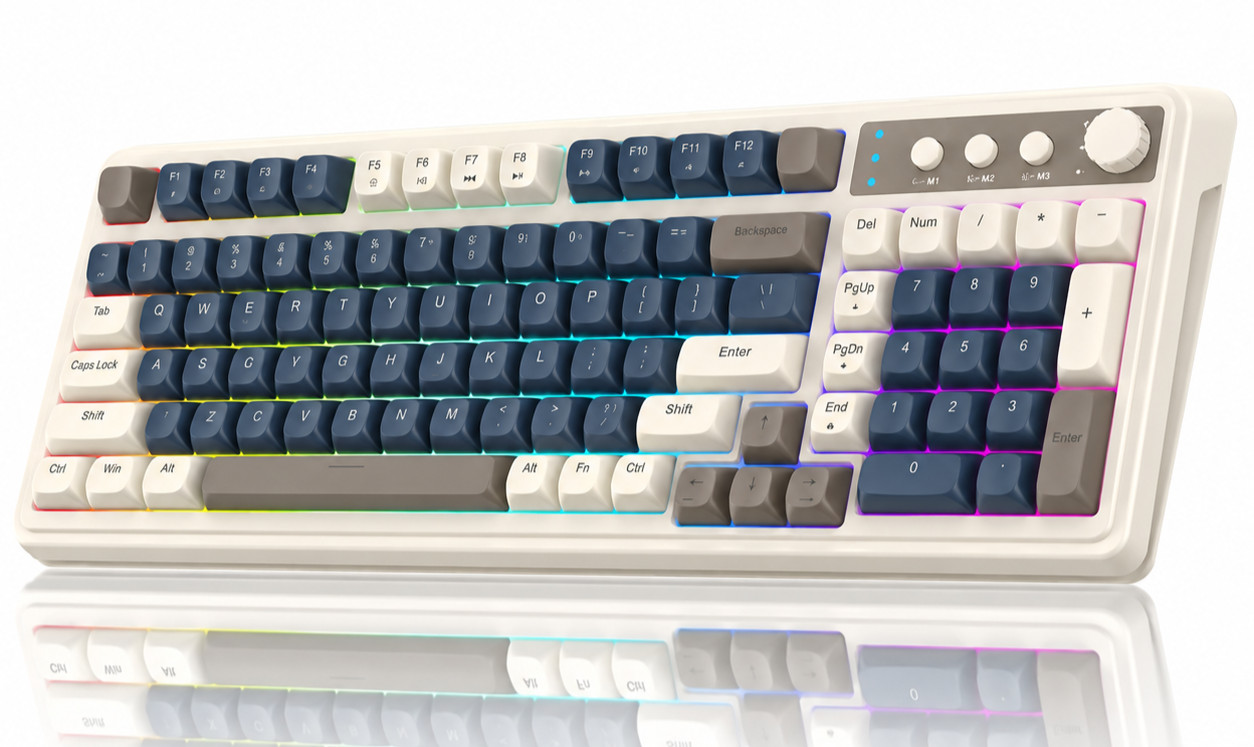 AULA S99 99-Key Wireless Gaming Keyboard RGB Bluetooth 2.4GHz USB-C, Beige, Blue