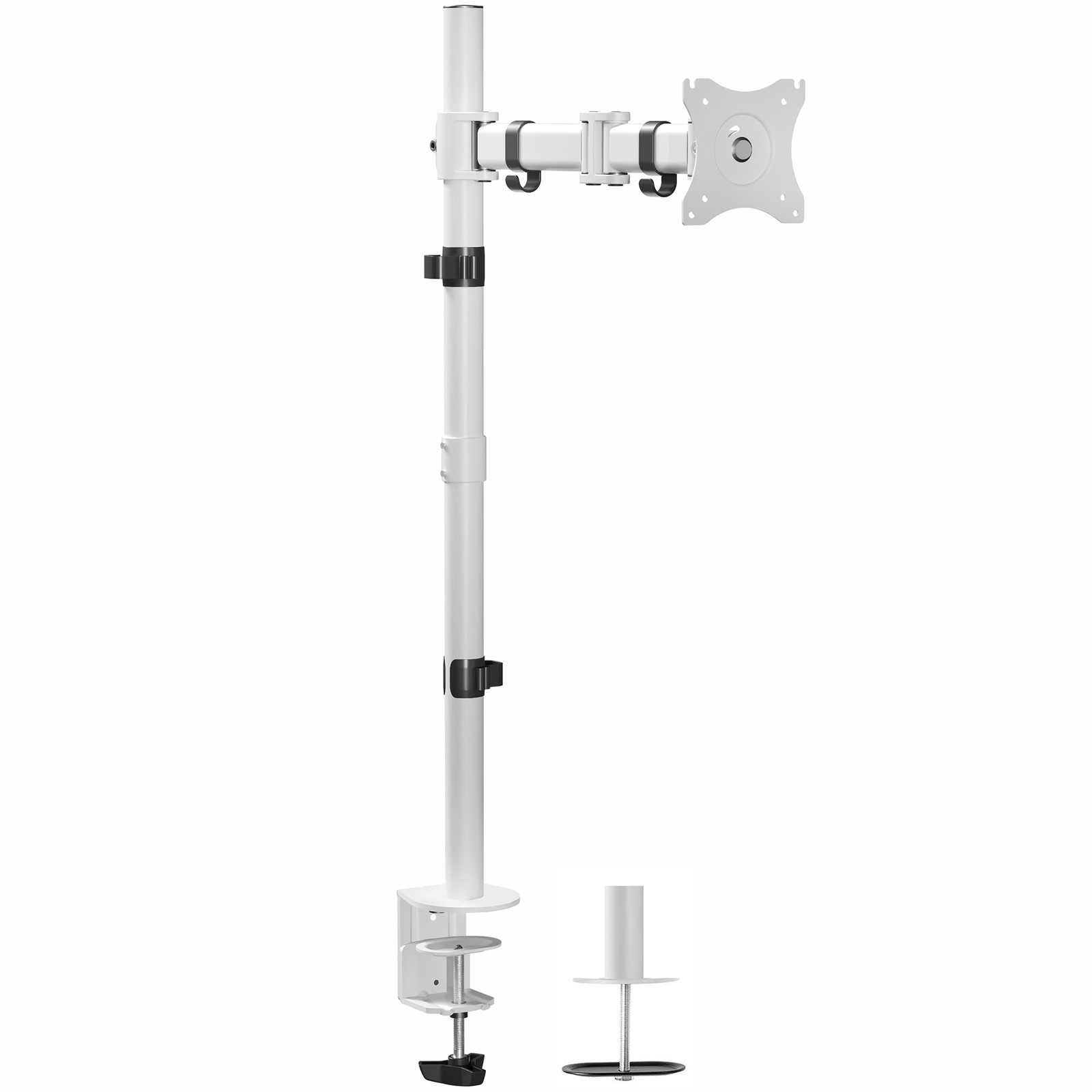 White Single Monitor Desk Mount Extra Tall Adjustable Stand for up to 32" Screen