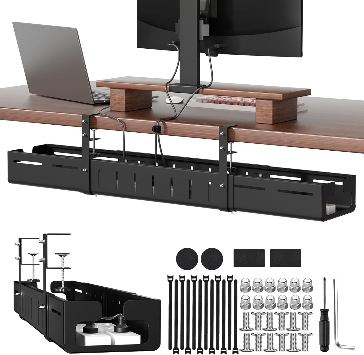 Under Desk Cable Management Tray Expandable 25-38" No Drill Clamp Steel Black