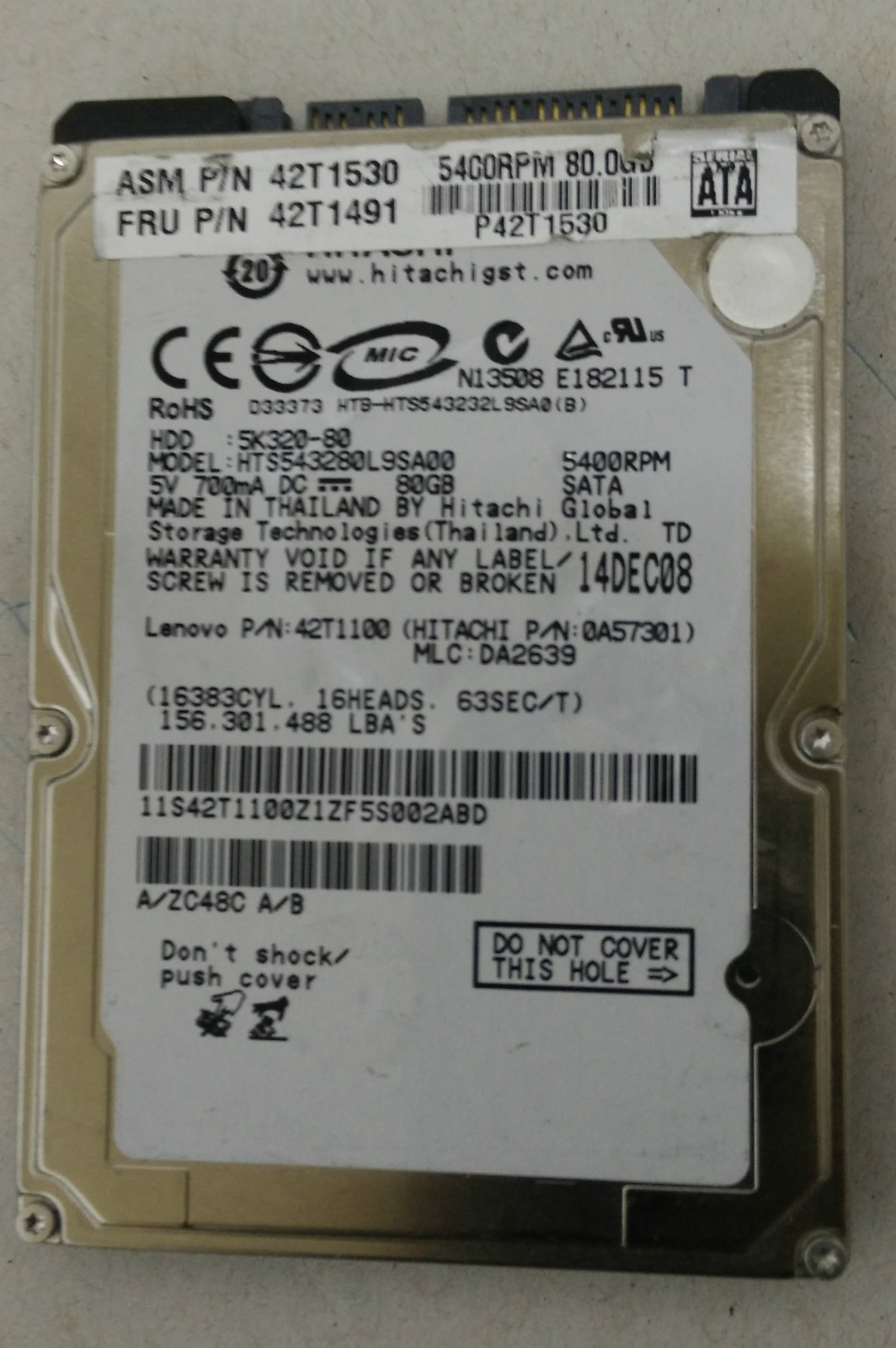 IBM 42T1530 / 42T1491 80GB 2.5" SATA 5.4K RPM Hard Disk Drive 