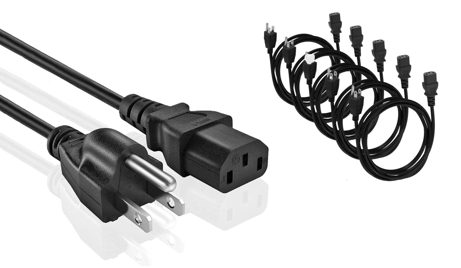 15ft Universal AC Power Cord 5 Pack - 3 Prong Replacement Cable for PC, Monitor,