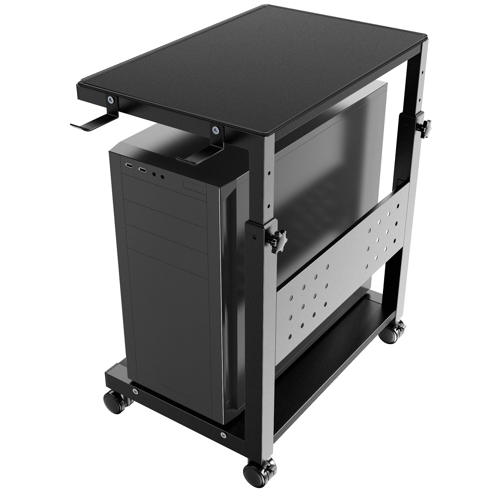2-Tier Rolling Computer Tower Stand Cart with Adjustable Height & Hooks