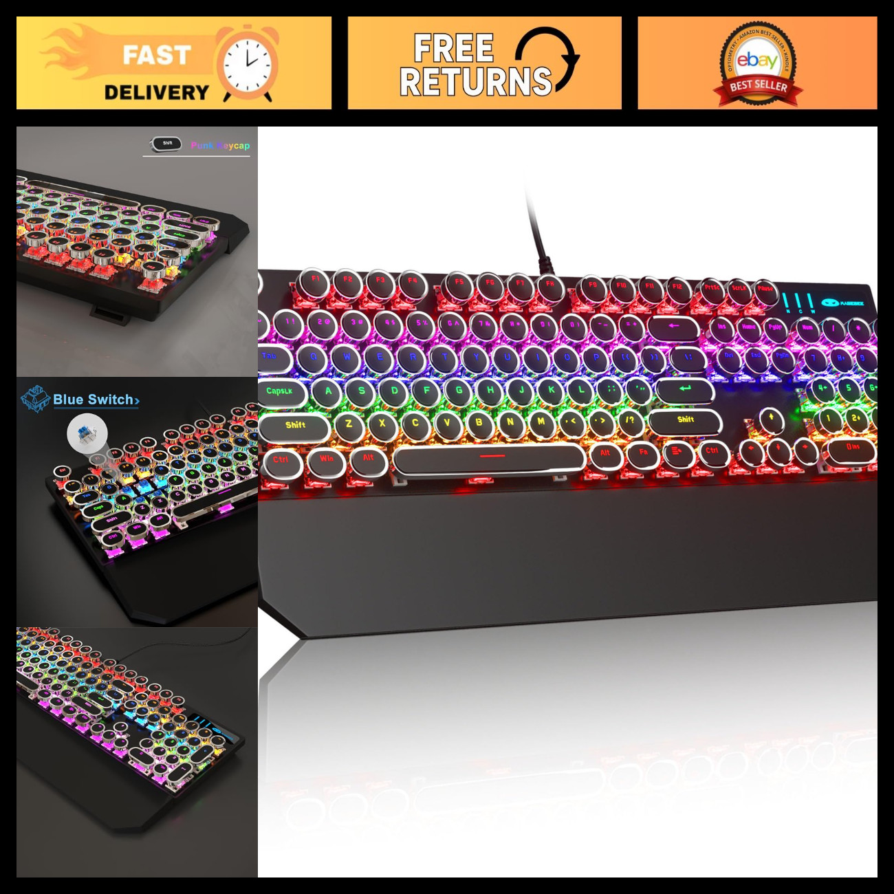 Retro Mechanical Gaming Keyboard - RGB Backlit, Round Keycaps, Wired, Wrist Rest