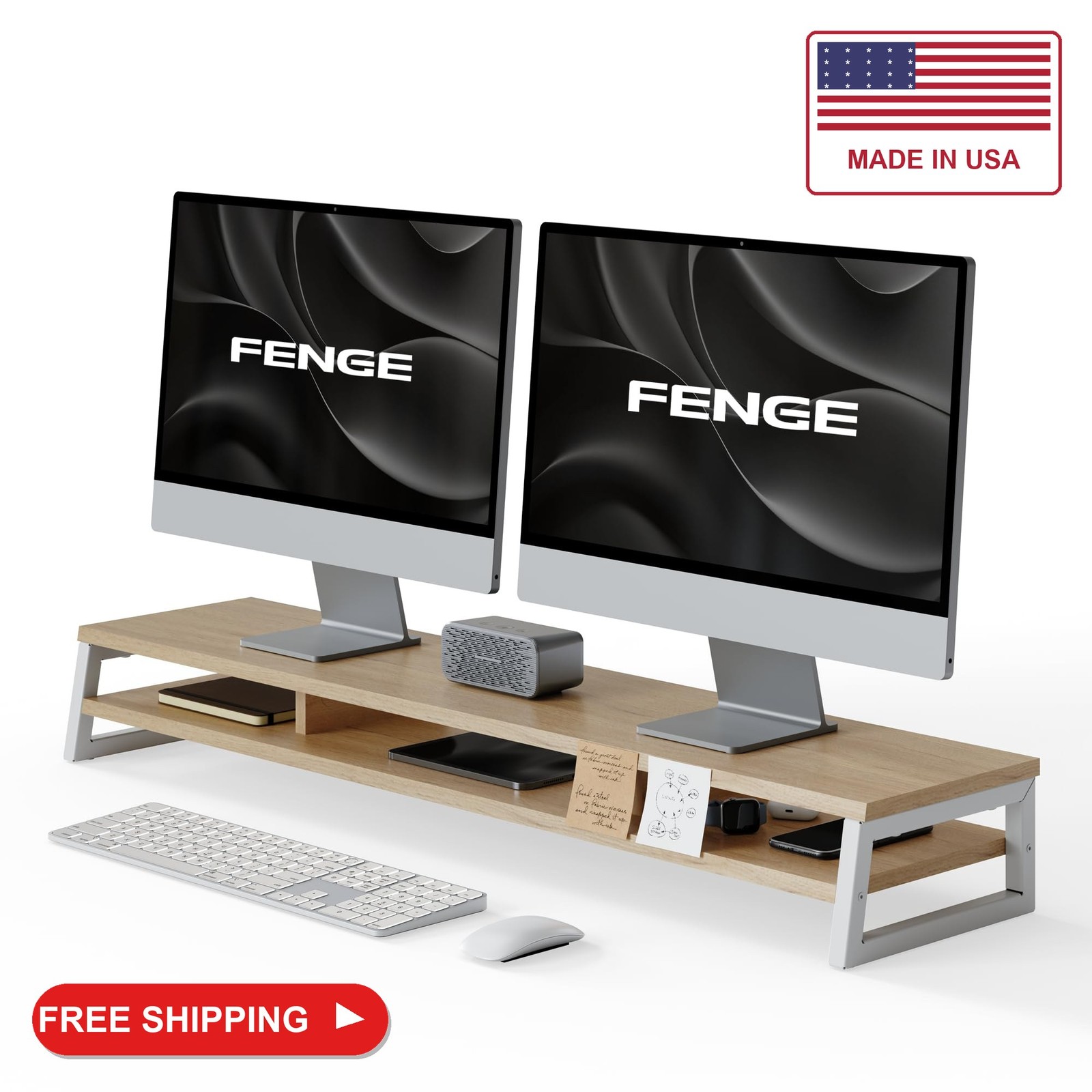 Fenge Dual Monitor Riser for Desk, Open Shelf with 3 Storage Compartments