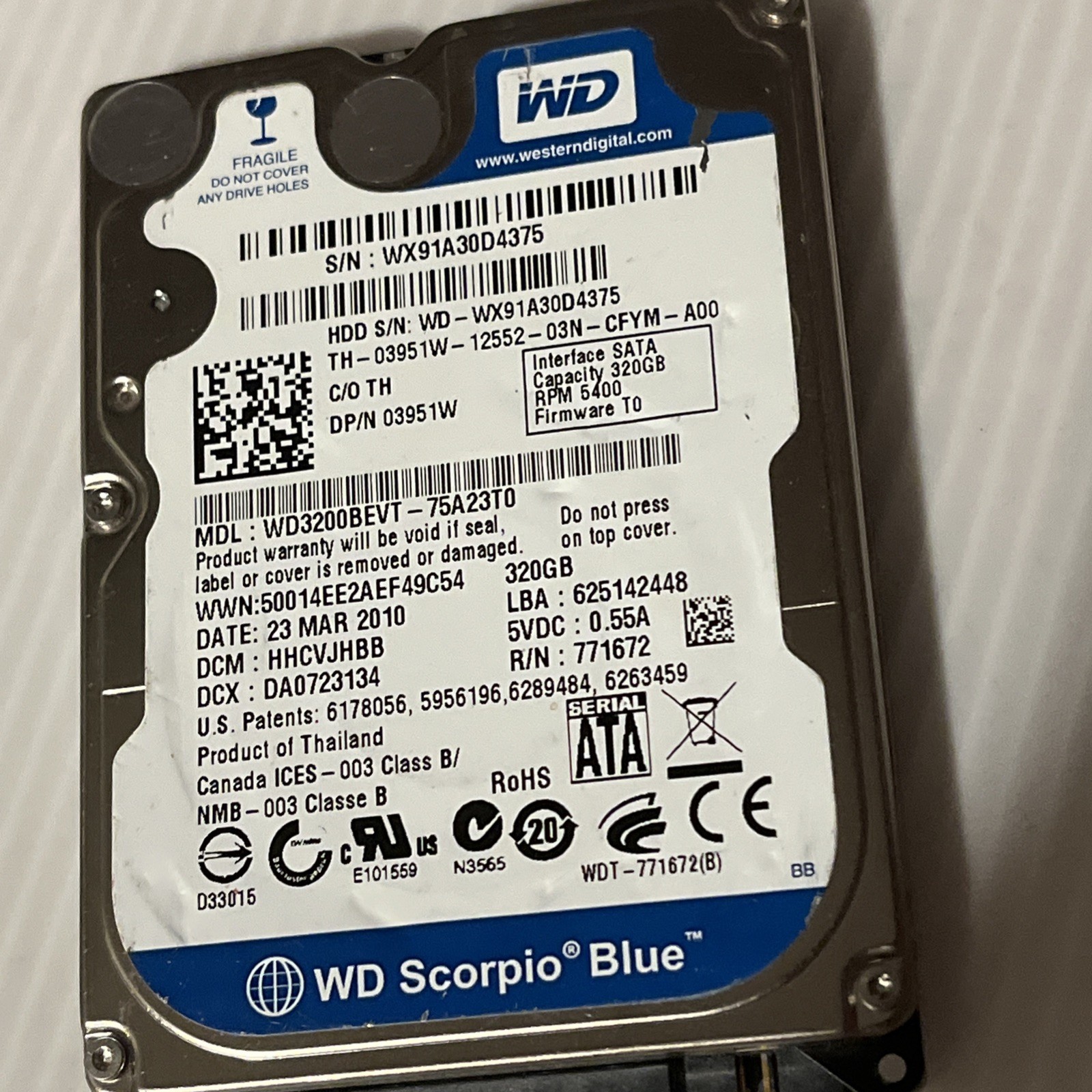 Western Digital Scorpio Blue 320 GB,Internal,5400 RPM,2.5" (WD3200BEVT) Hard...