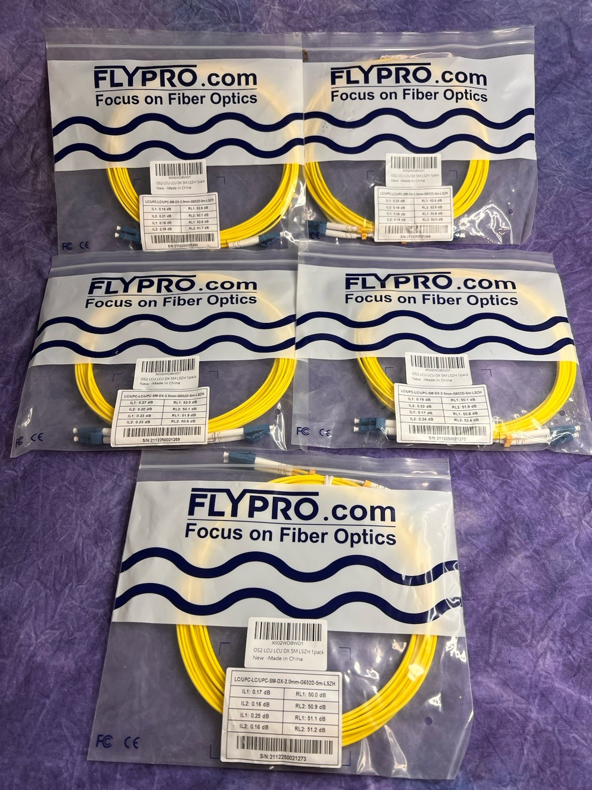 Flypro OS2 LCU-LCU SM DX 2M LSZH  Fiber Optic Patch Cables - Lot Of 5