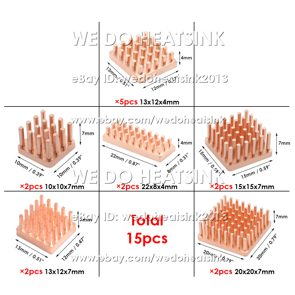 DIY 15pcs Pure Copper Heatsink Kit Radiator Cooler 10x10mm 15x15mm 20x20mm / 7mm