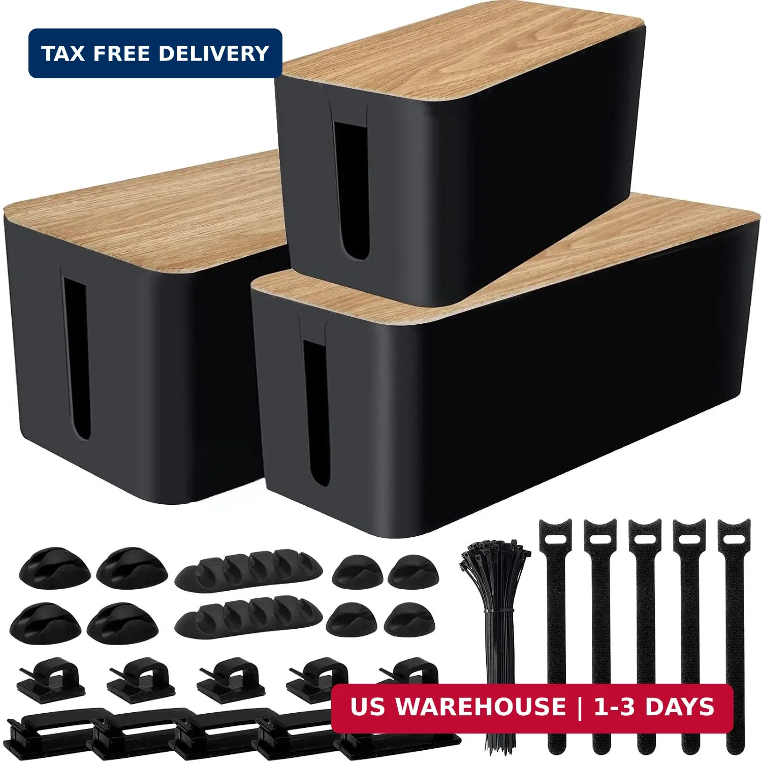 128PCS Cable Management Box 3Pack Cable Management Kit for Power Strip to Hide W