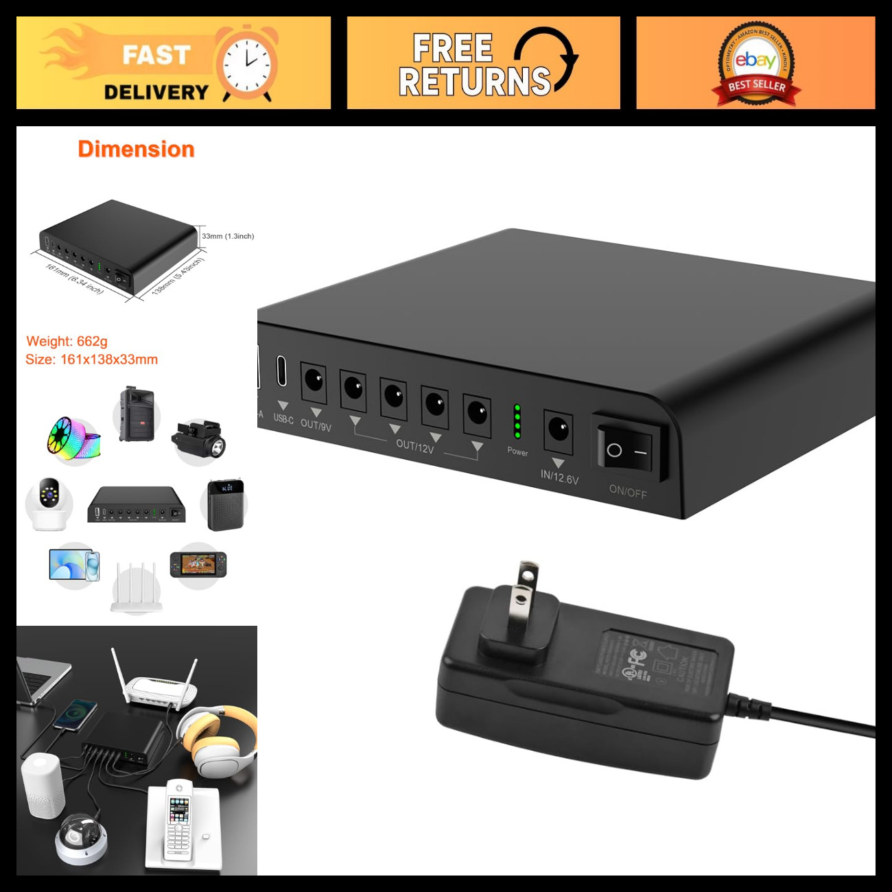 Mini UPS Backup Battery Pack 27000mAh 97.2Wh, DC 12V/9V, USB-A/C for Router, CCT