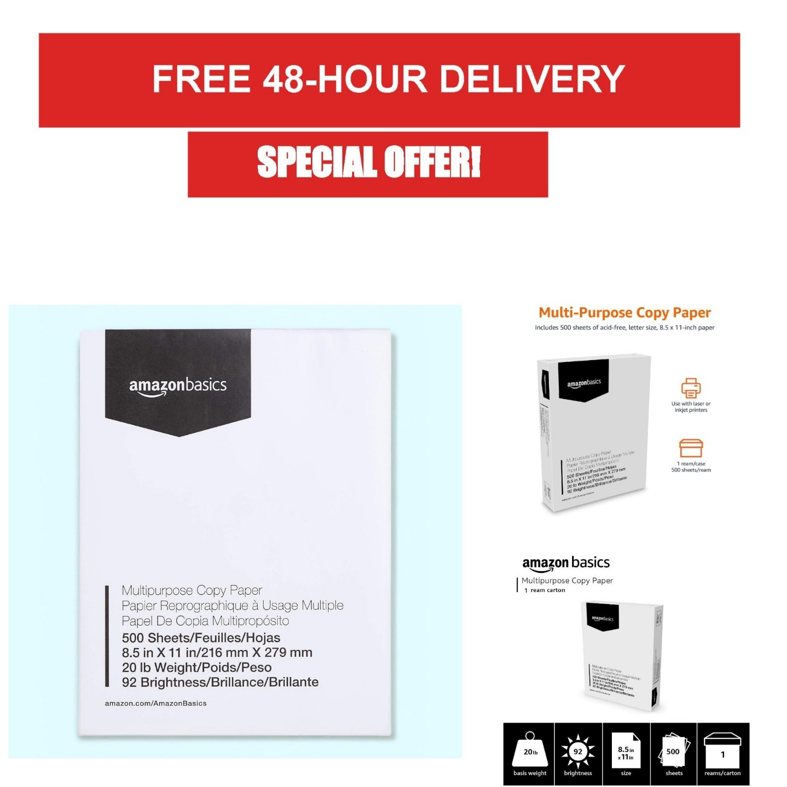 Amazon Basics Multipurpose Copy Printer Paper 8.5 x 11, 20 lb, 92 Bright White,
