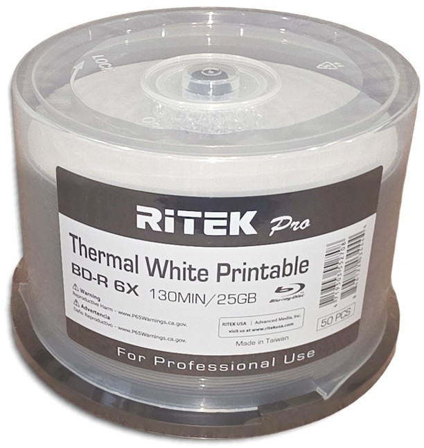 100-Pak 25GB Ritek Pro White THERMAL Hub Printable BLU-RAY BD-R's in Cakebox