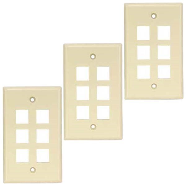 3x Ivory 6Port/Hole RJ45 Keystone Jack Insert Wall Plate Smooth Faceplate 1-Gang