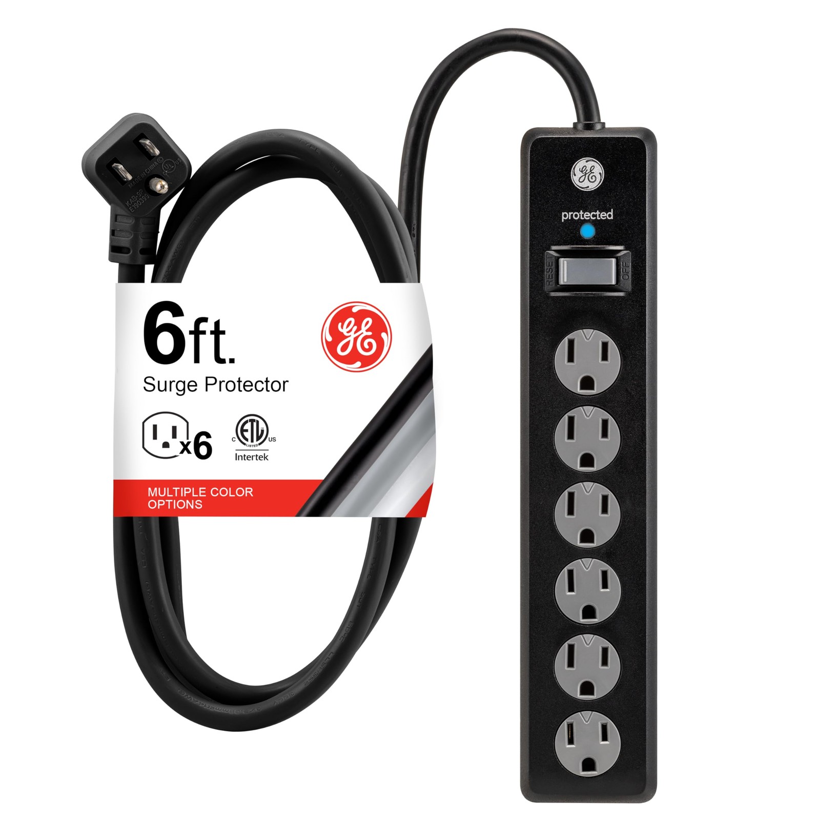 GE Surge Protector Power Strip 6ft Extension Cord 6 Outlet Extender Black