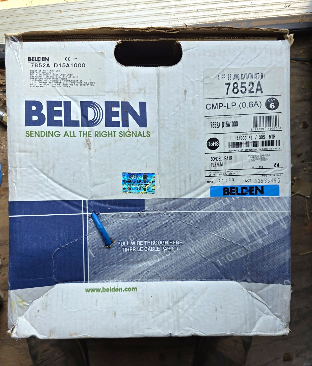 Belden 7852A Cat 6 1000 ft Blue Plenum Bulk Cable