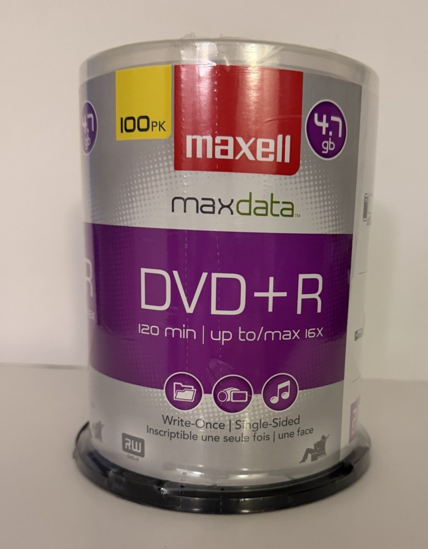 Maxell maxdata DVD+R 4.7GB 16X 120 Min 100 Pack Spindle NEW SEALED