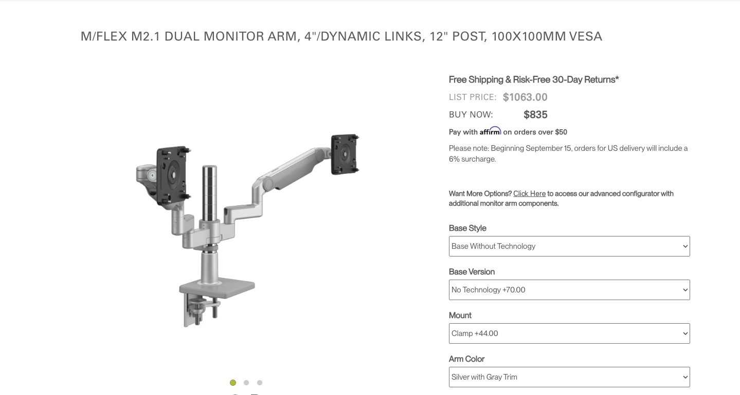 Humanscale M/Flex Dual Monitor Arm System M2.1 Dual Dynamic Clamp Mount Sliver 