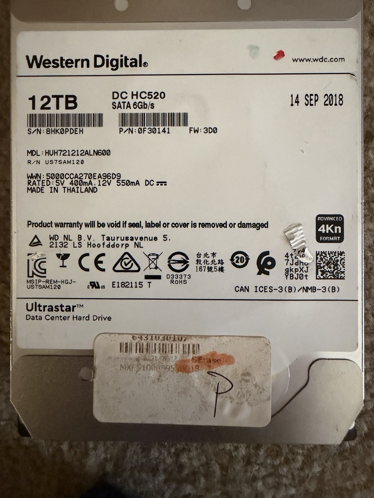 WD Ultrastar DC HC520 12TB 7.2K SATA 6Gb/s 3.5in 4Kn HDD HUH721212ALN600