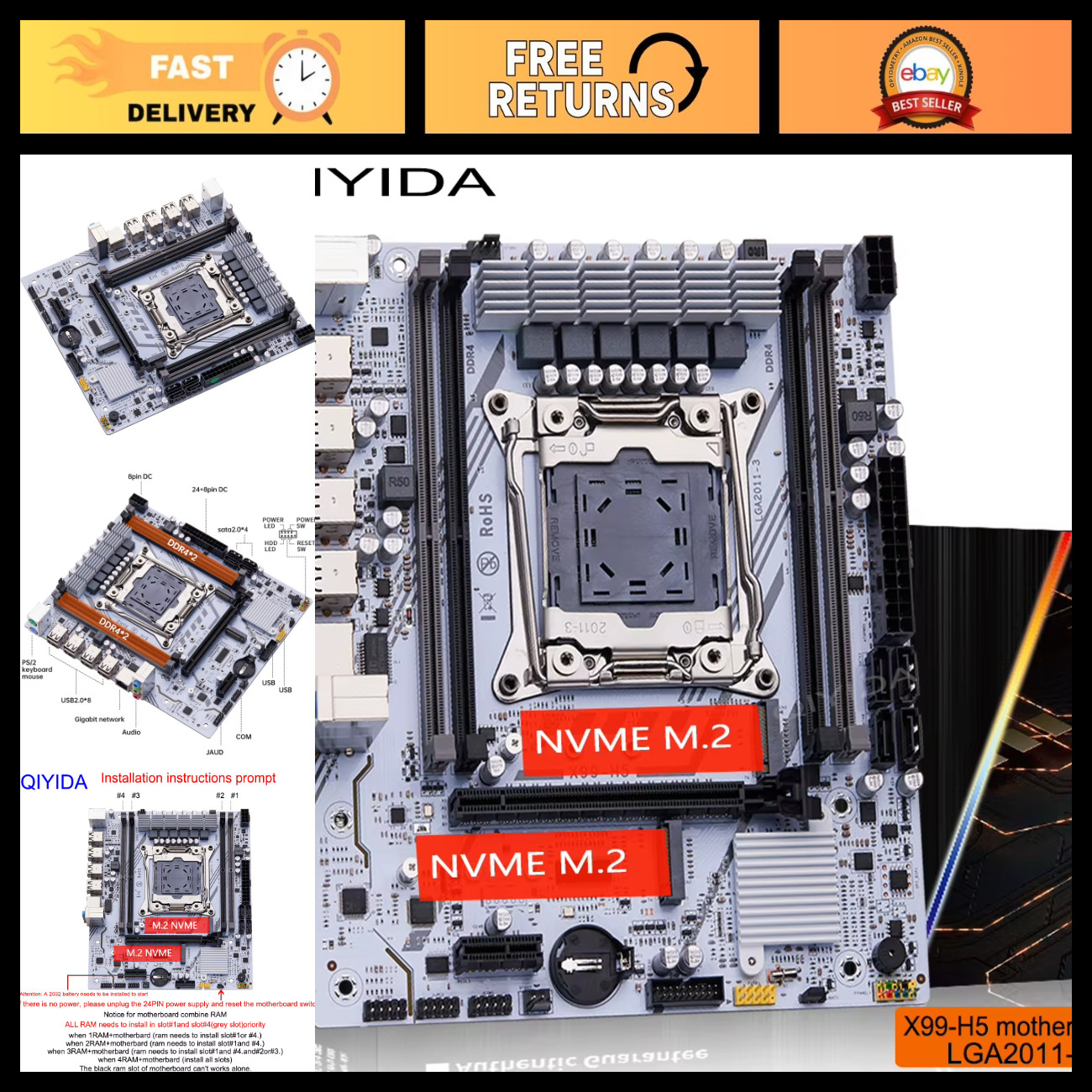 LGA2011 V3 Motherboard with M.2 Slot, DDR4 Support, SATA, USB, PCIe 16X