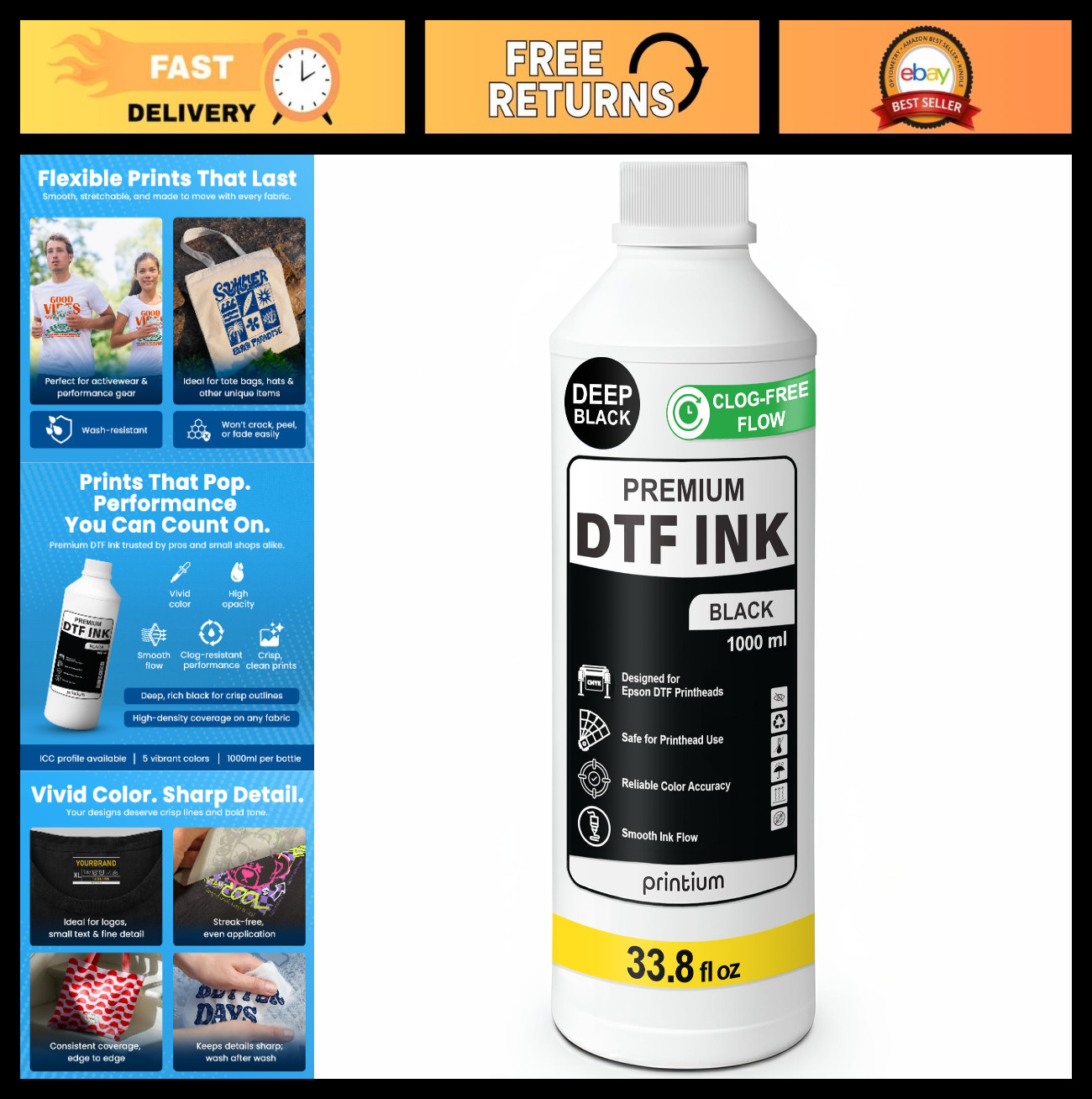 High Opacity DTF Ink 33.8 fl oz | Clog-Free, Smooth Flow, Color Accurate | Compa