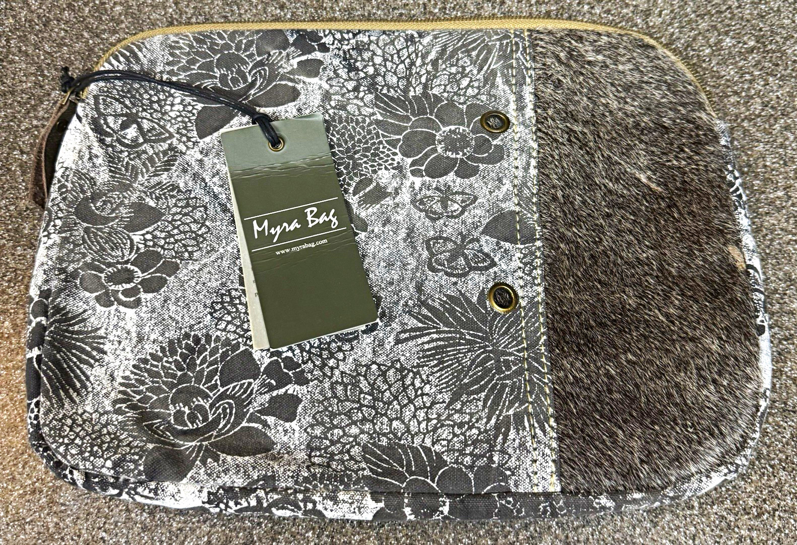 NWT Myra Bag Western iPad/Tablet Canvas Cowhide Hair-on-Hide Sleeve Gray Floral