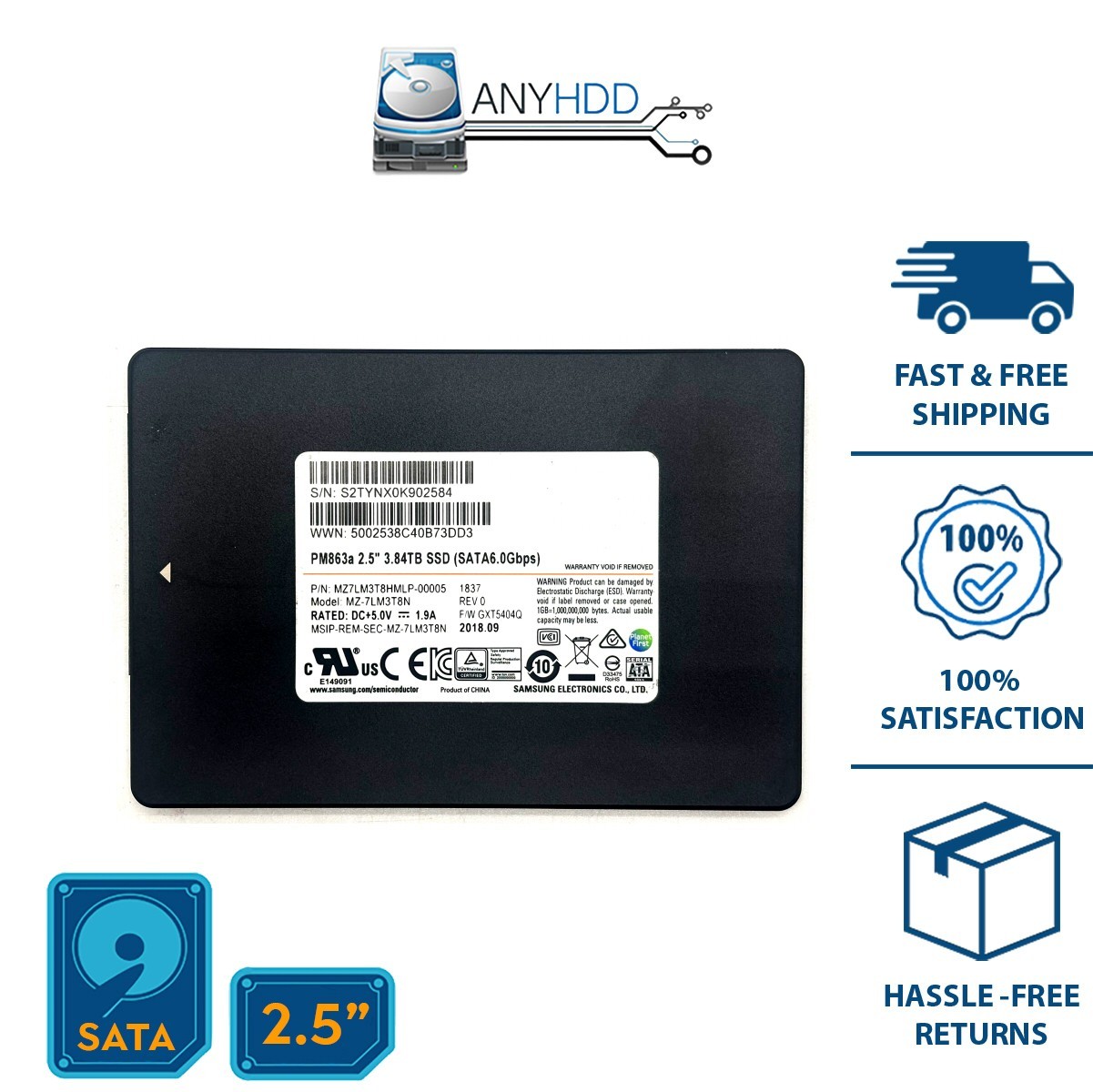 Samsung 3.84TB SATA SSD - MZ-7LM3T8N - PM863a - MZ7LM3T8HMLP - 95%+ health