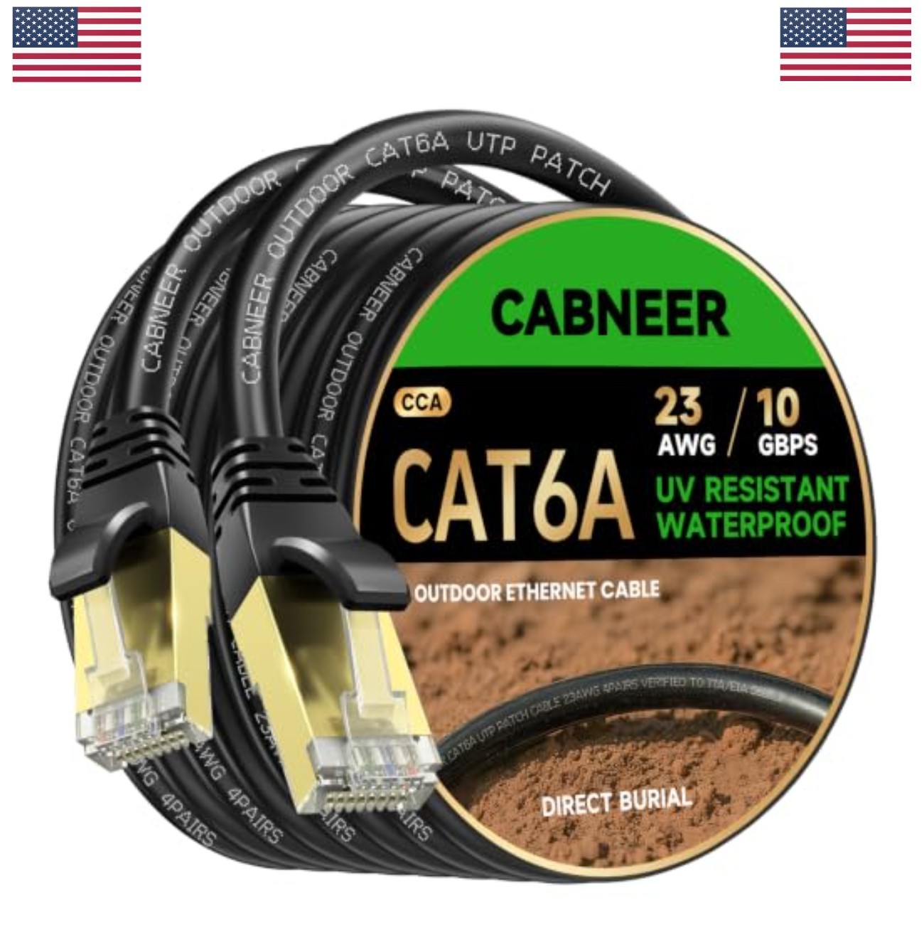 CAT6A Outdoor Ethernet Cable 100ft Direct Burial RJ45 10Gbps Weatherproof UV