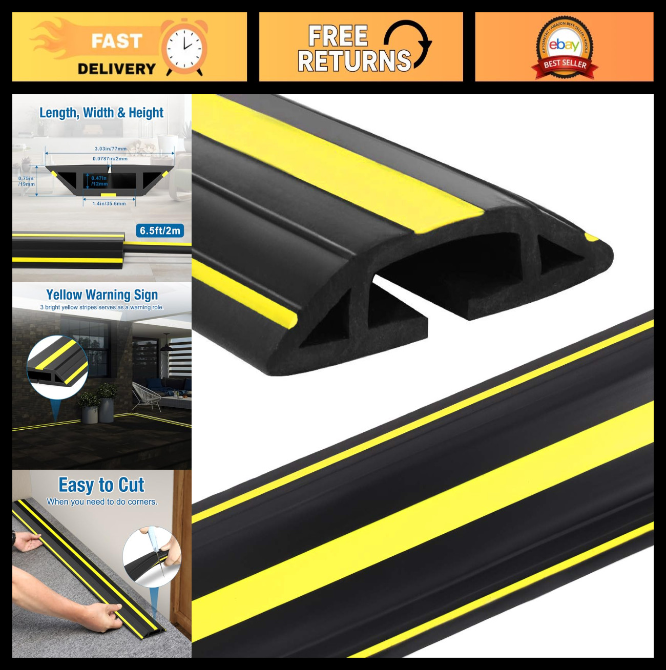 6.5ft Heavy Duty Cable Protector Cord Cover - PVC Duct for Home, Office & Outdoo