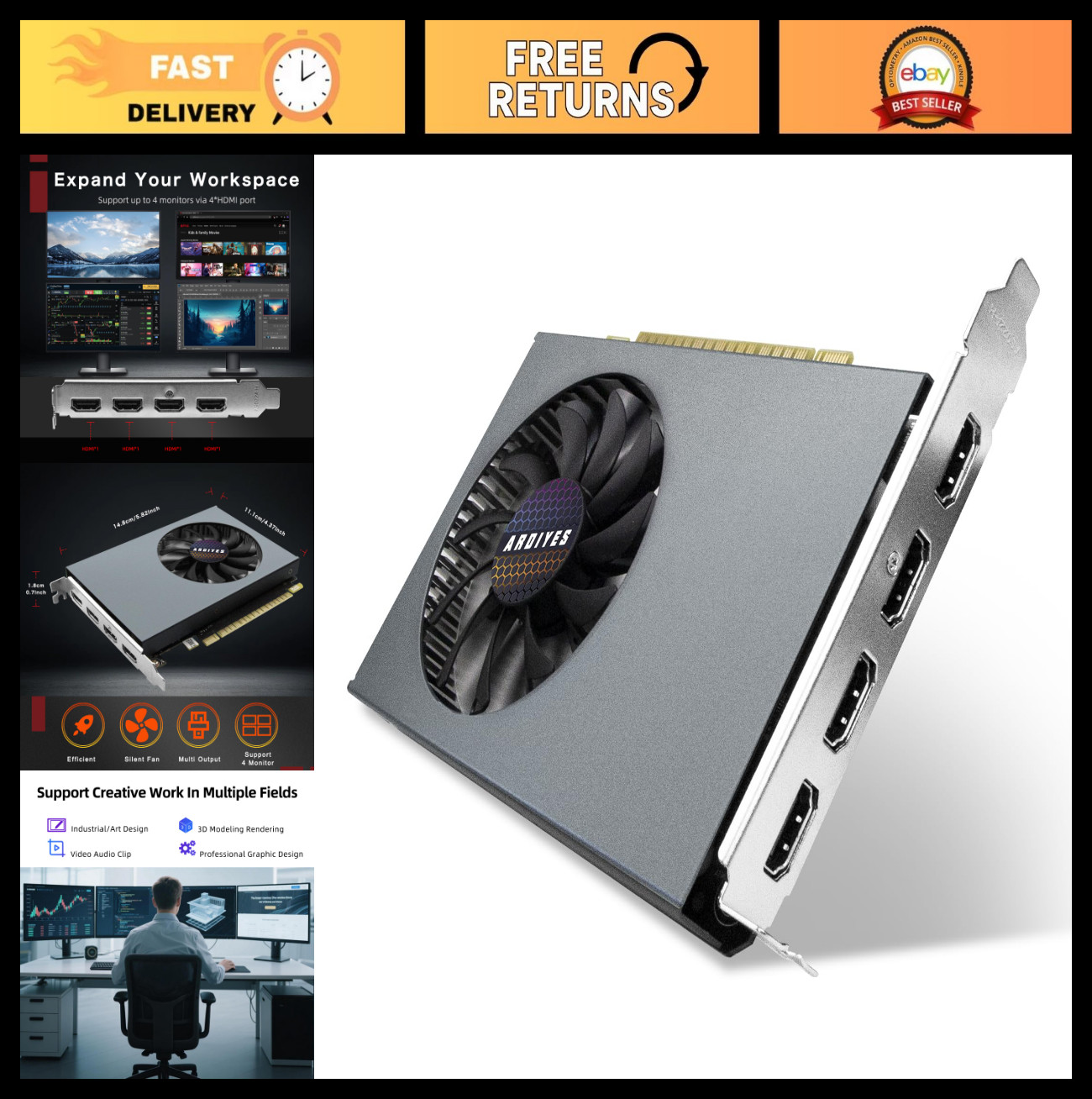 4GB GDDR3 Graphics Card, 4X HDMI, Multi-Monitor Setup, PCIe Video Card for PC
