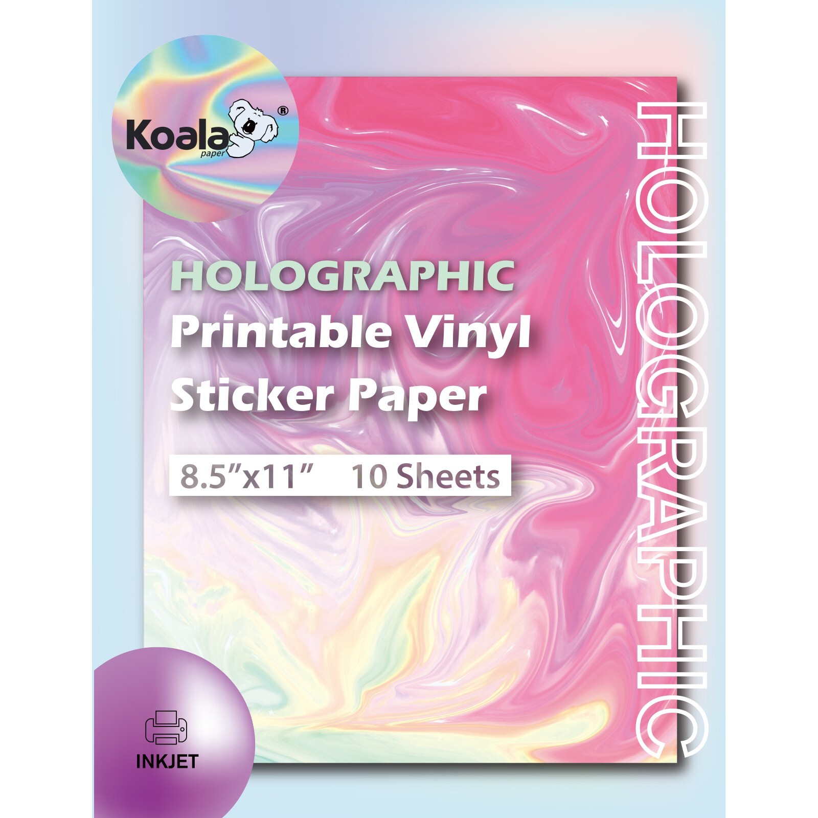 Koala Printable Vinyl Holographic Sticker Paper Rainbow Waterproof 8.5x11 10PK