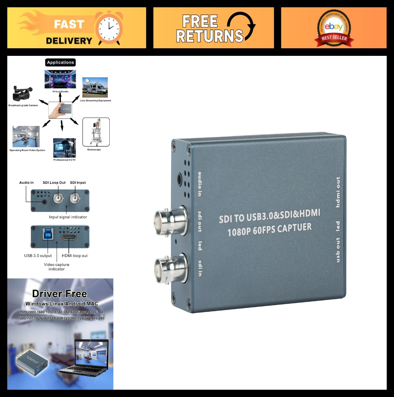 3G-SDI to USB 3.0 Video Capture Card, 1080P 60FPS, HDMI & SDI Loop Out