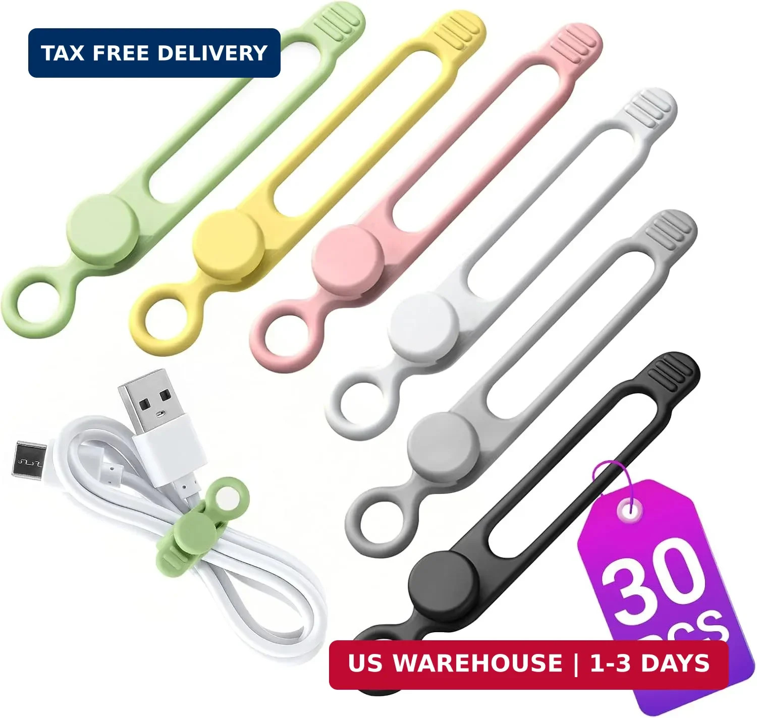 30 Pcs Silicone Cable Ties, Reusable Data Cable Organizer for Home Office | High