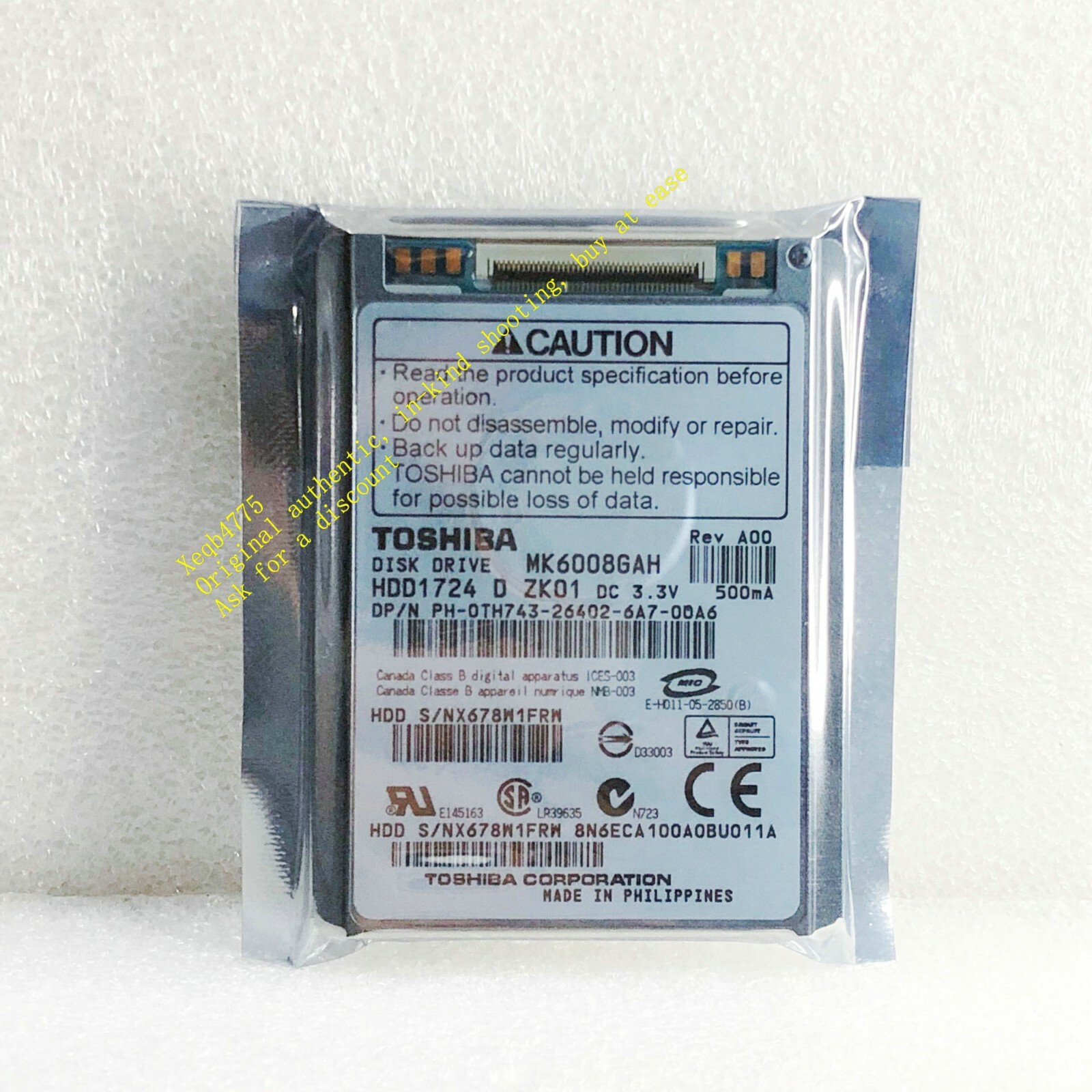 Toshiba 60GB MK6008GAH 1.8-inch hard drive, ATA-100 tested( 7MM thick )