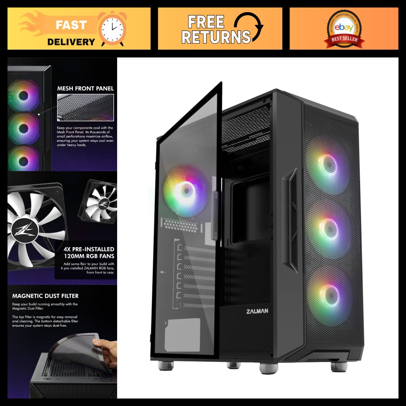 RGB Mid-Tower Gaming PC Case, ATX Desktop Computer Case, Black, Stylish Design
