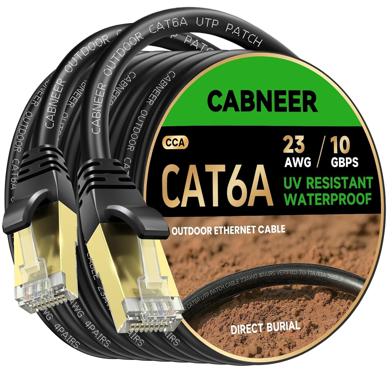 CAT6A Outdoor Ethernet Cable 100Ft, Direct‑Burial RJ45 Network Cable