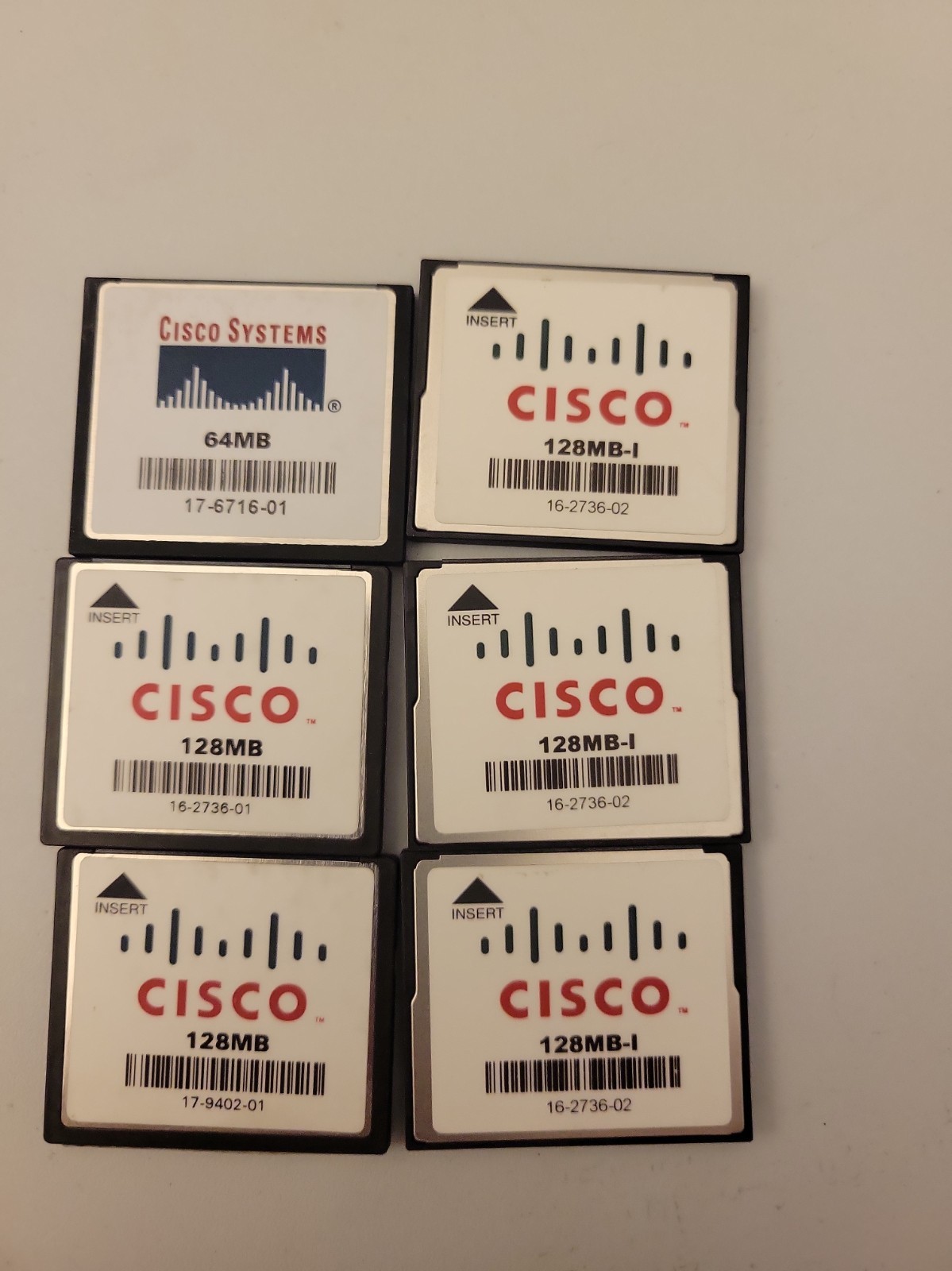 LOT OF 6 CISCO 64MB, 128MB & 128MB-I Compact Flash Memory Cards
