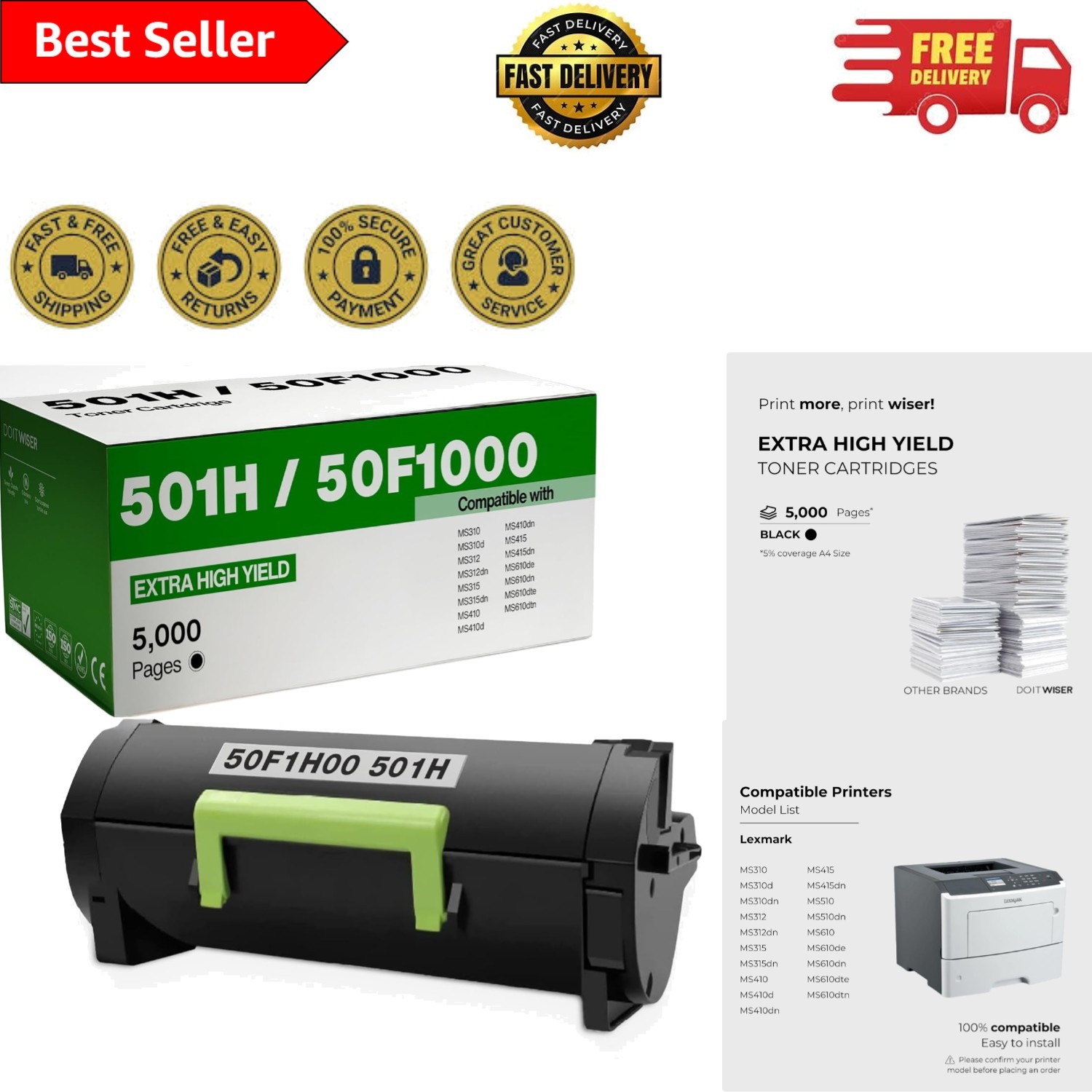 Eco-Friendly Lexmark 501H Toner Cartridge - 5,000 Pages for Home & Office Use