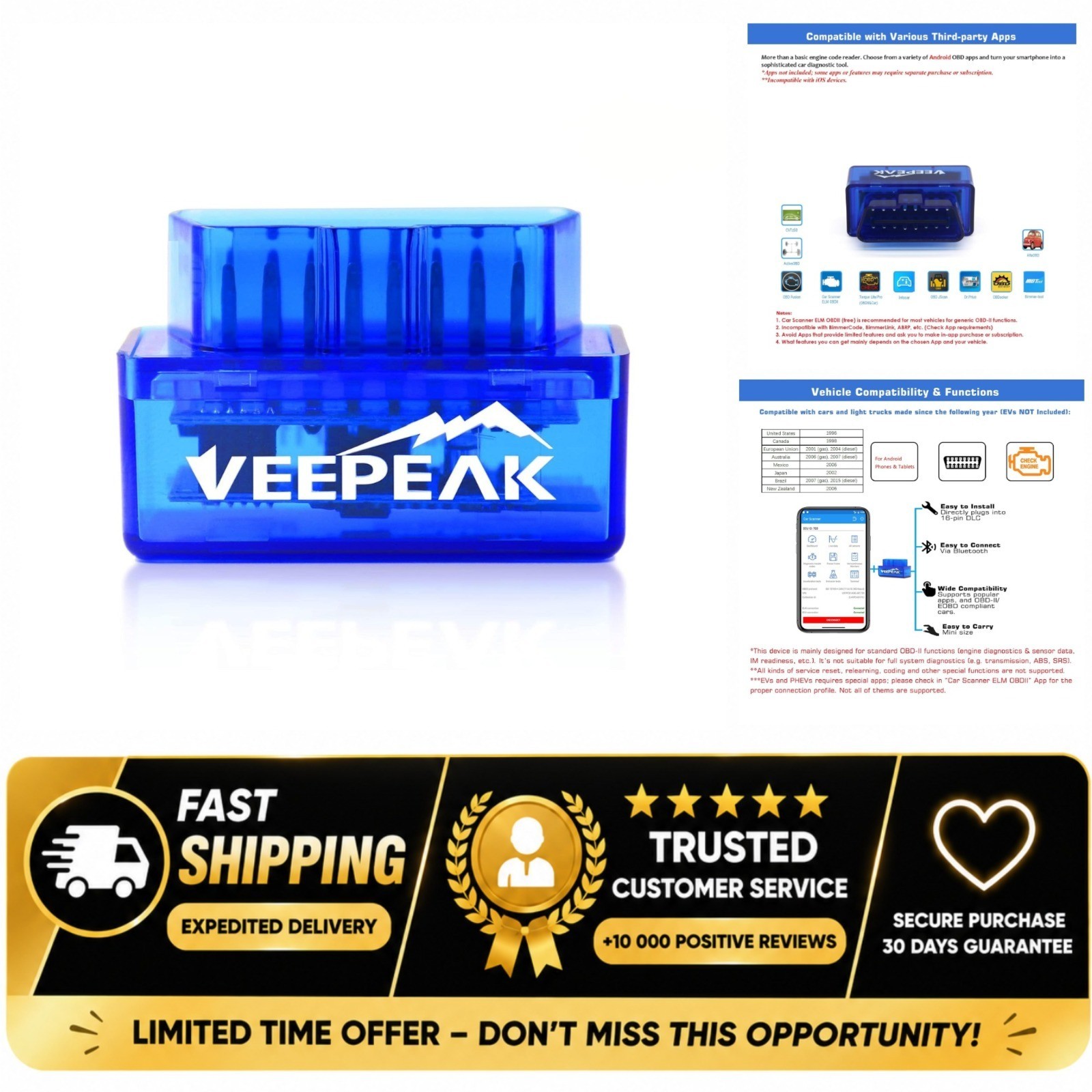 Veepeak Mini Bluetooth OBD2 Scanner Code Reader for Android - NOT for iOS