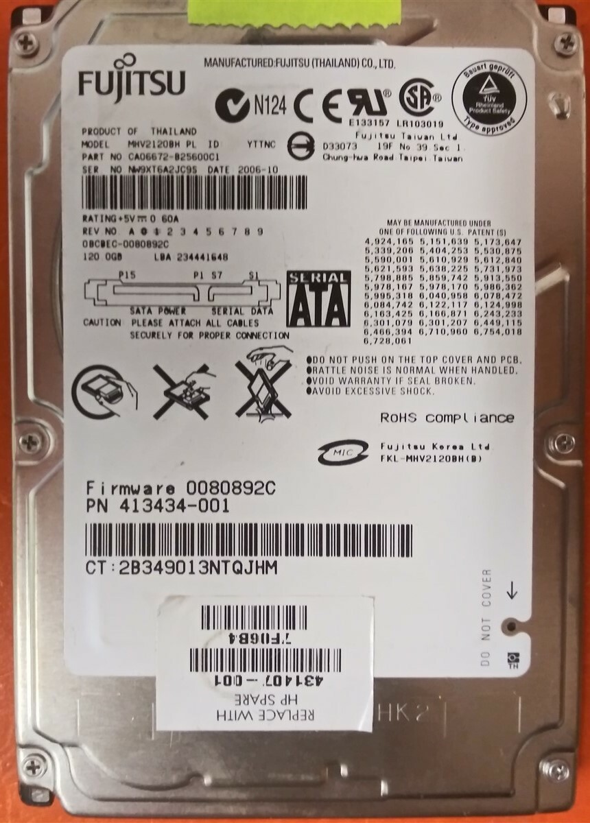 ⭐️⭐️⭐️⭐️⭐️ Hard Drive SATA Laptop 2.5" Fujitsu MHV2120BH PL 120GB FW: 0080892C