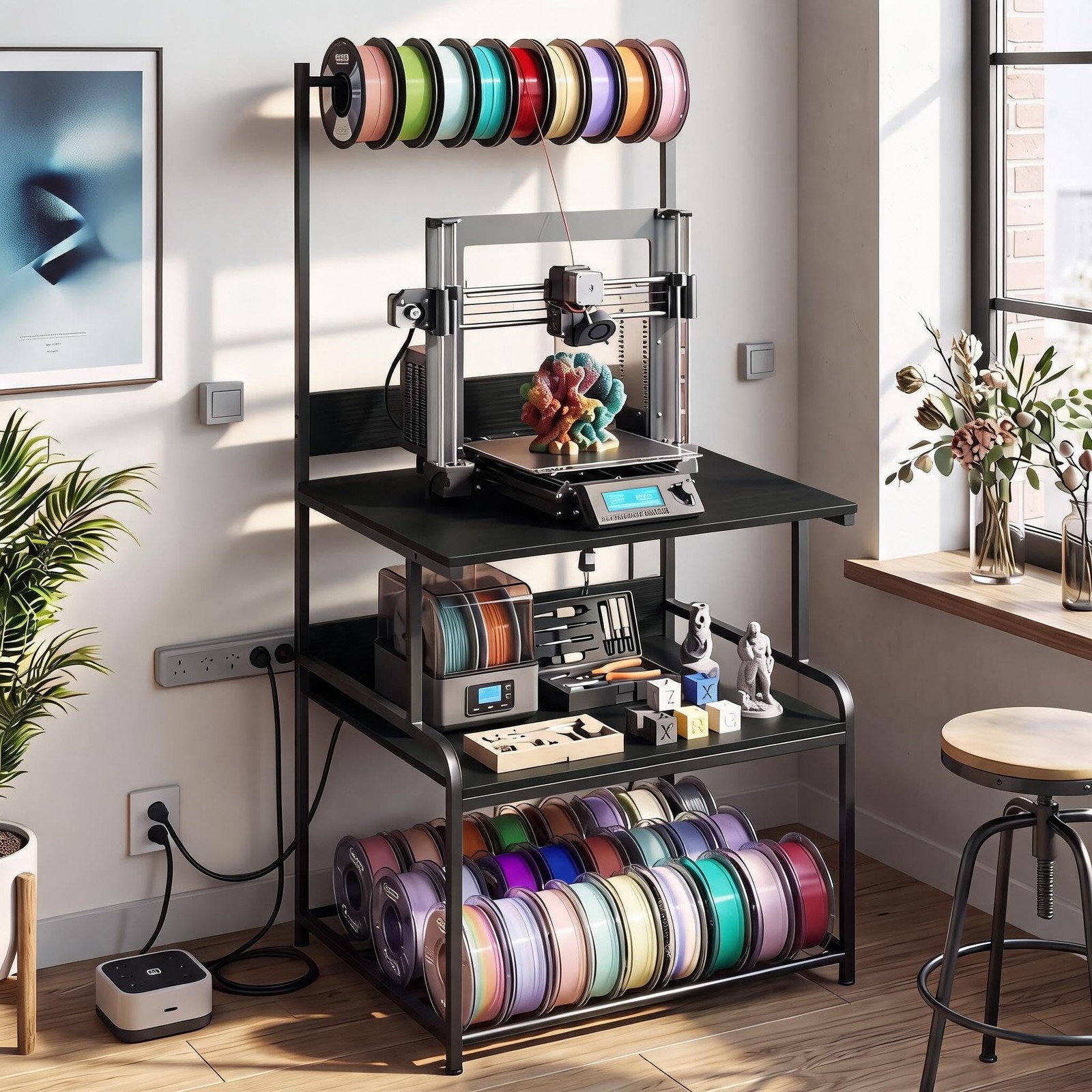 Printer Stand with Filament Storage, Metal 3D Printing Table