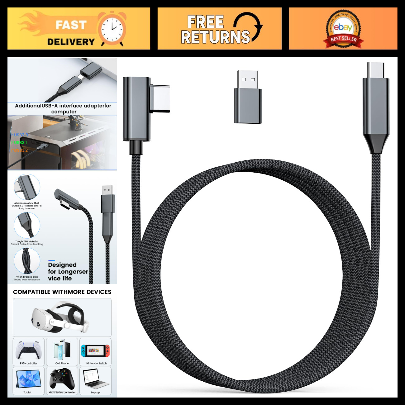 16FT USB-C Link Cable for VR Headsets - High-Speed 5Gbps Data Transfer & Chargin