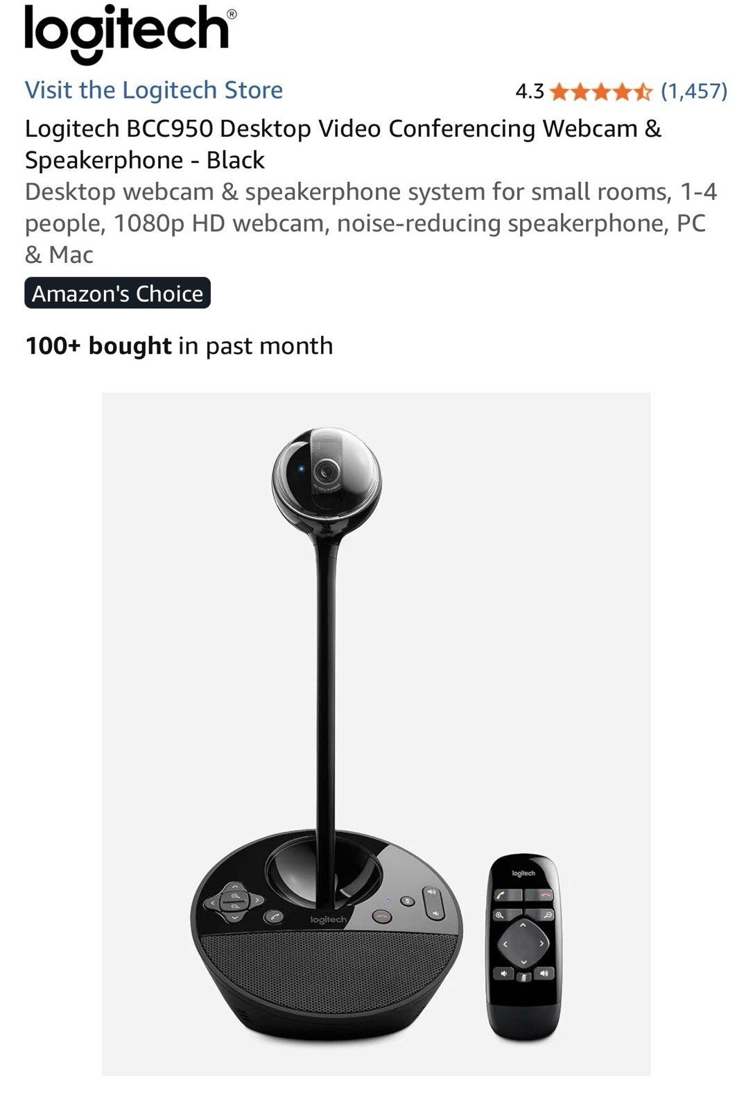 Logitech BCC950 Video Conference Webcam 1080p Camera with Built-In Speakerphone