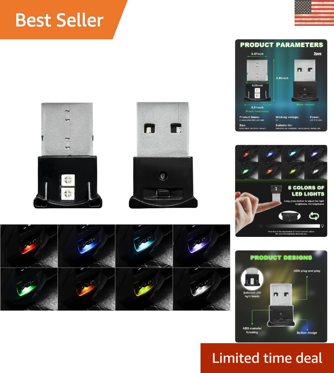 Universal Fit 2 PCS RGB USB LED Lights - Automatic Brightness & Color Change