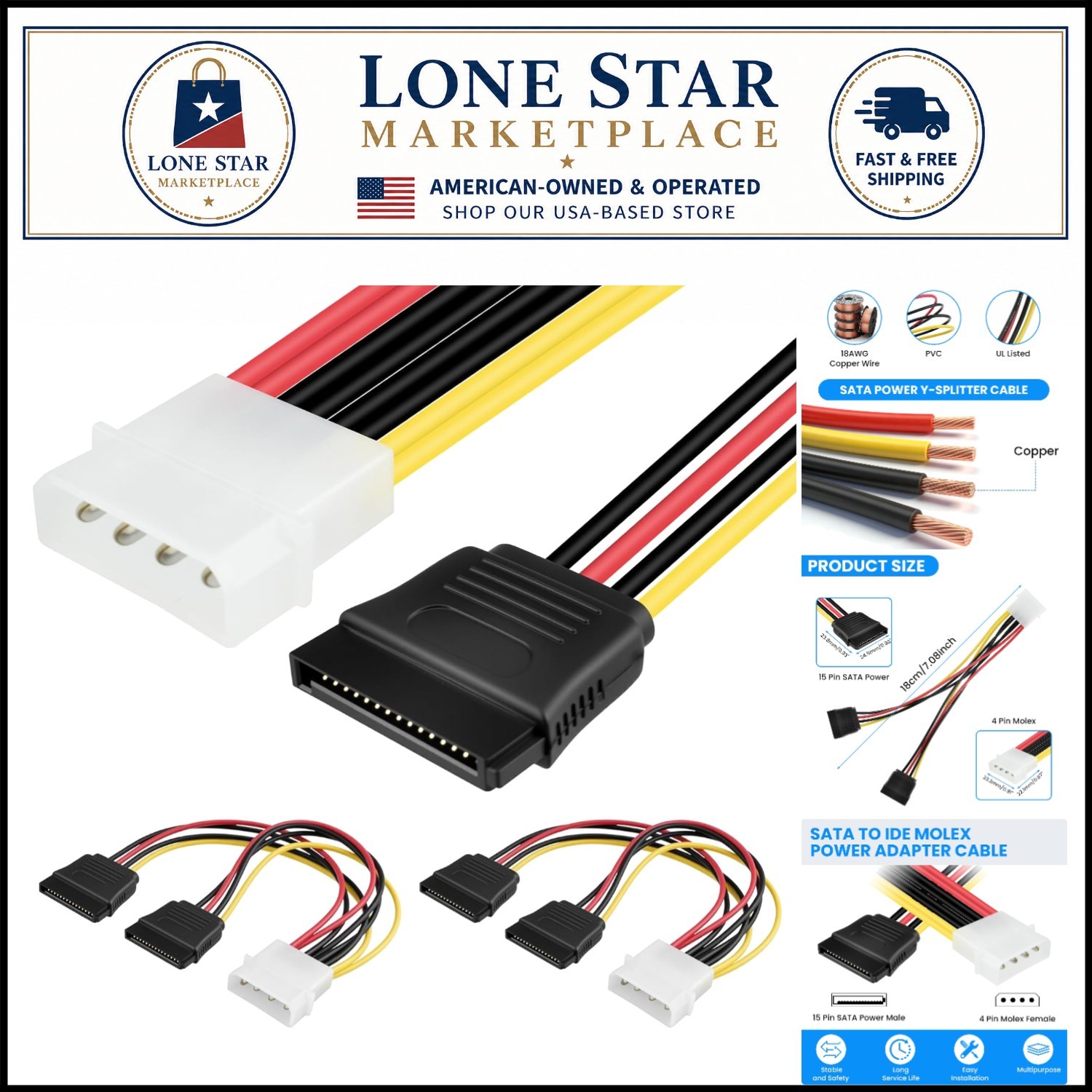 Versatile 4-Pin IDE to Dual 15-Pin SATA Adapter, 20cm Copper Cable - 2 Pack