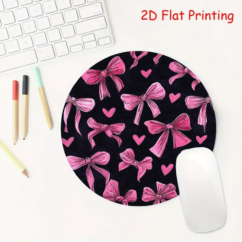Pink Bow Heart Round Mouse Pad Non-Slip Rubber Girly Desk Mat for Office Home