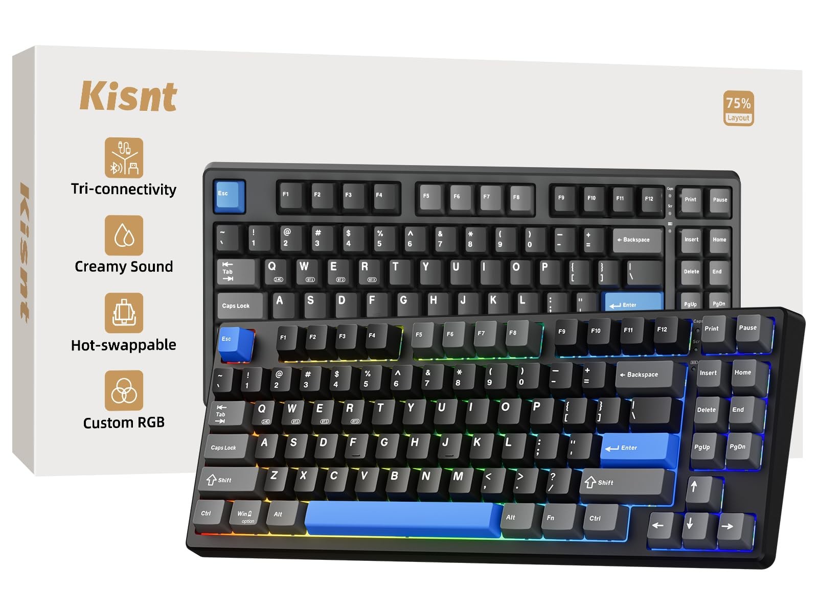 Kisnt KN85 Wireless Mechanical Keyboard, 75% Layout, Bluetooth/2.4GHz/USBC, C...