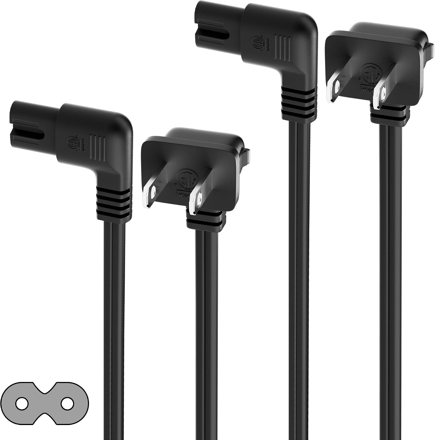 Angled 2-Slot Non-Polarized Angle Power Cord 2 FT (2-Pack), 90 Degree L-Shaped T